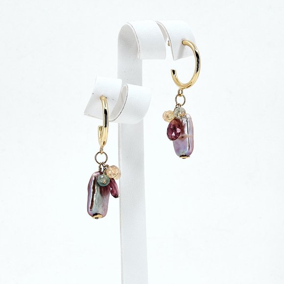Baroque Pearl & Opal Tourmaline Cluster Earrings, 14K Gold Filled Half Hoops - Picture 4 of 10